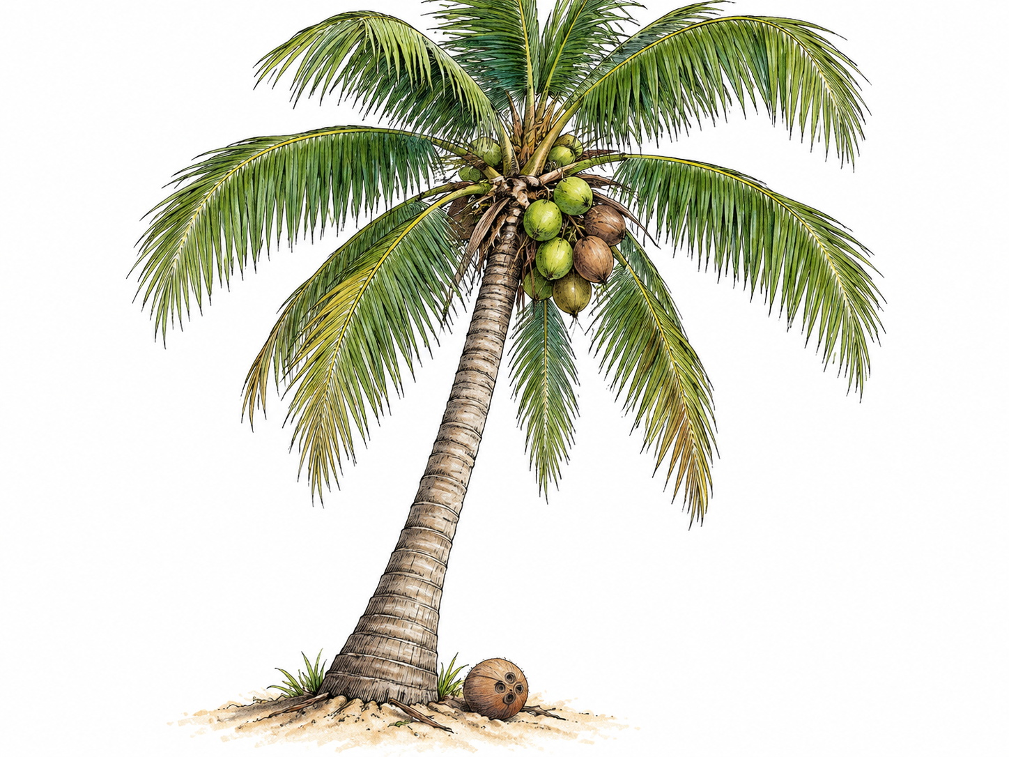 A coconut palm bears a cluster of fruits below its arching green fronds.