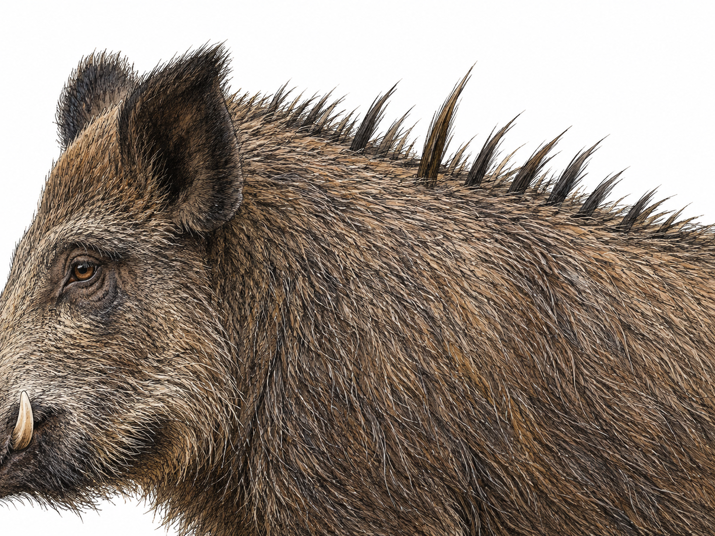 Close view of a boar's shoulder shows individual short stiff upright hairs, with one prominently isolated by composition while remaining attached to skin.