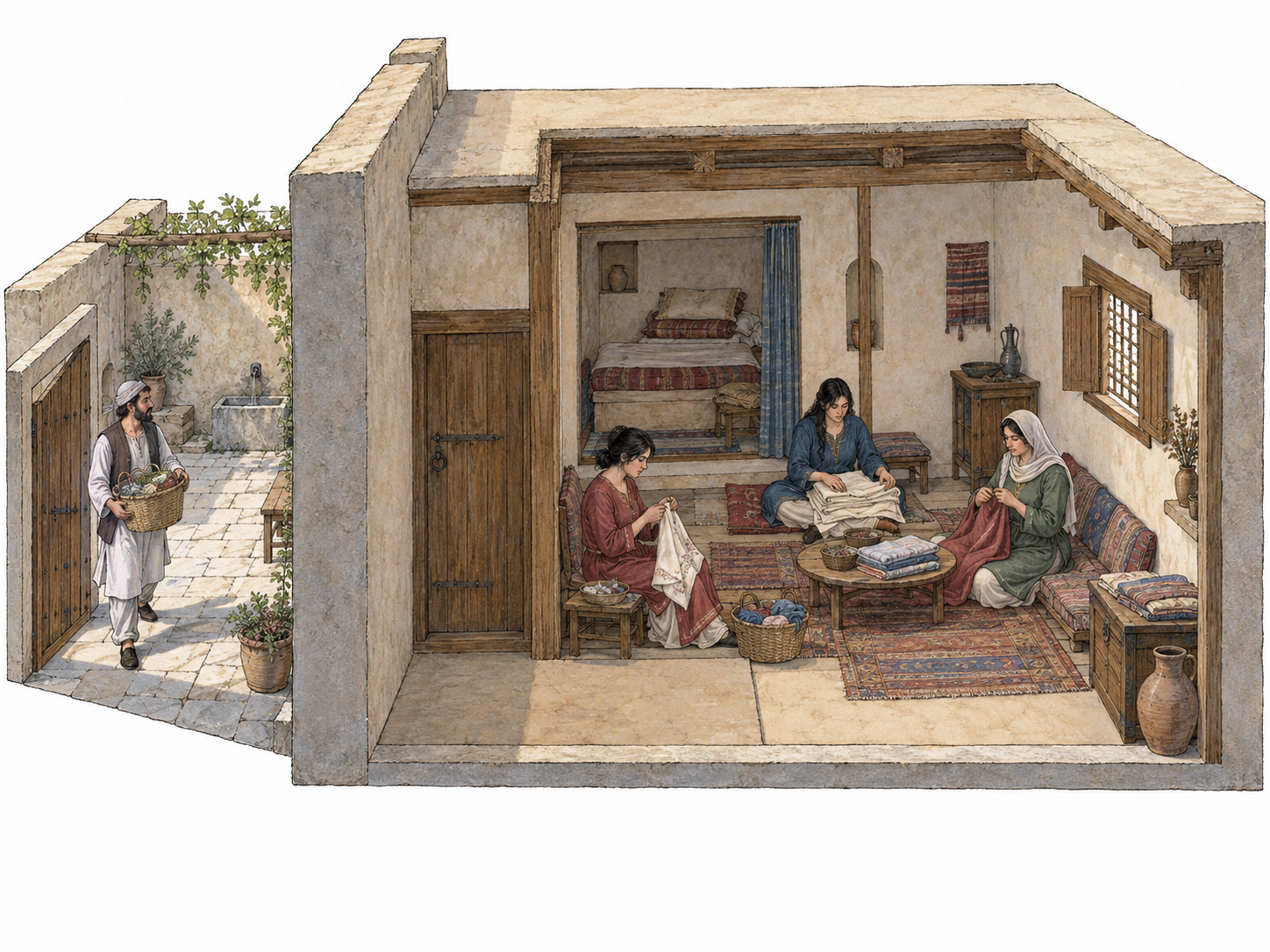 A household cutaway shows private women's rooms separated from a shared courtyard.