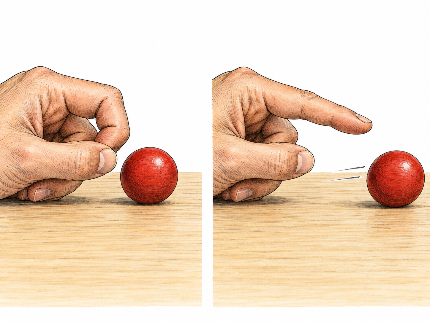 A finger flicks a red ball, which rolls away after the brief push.