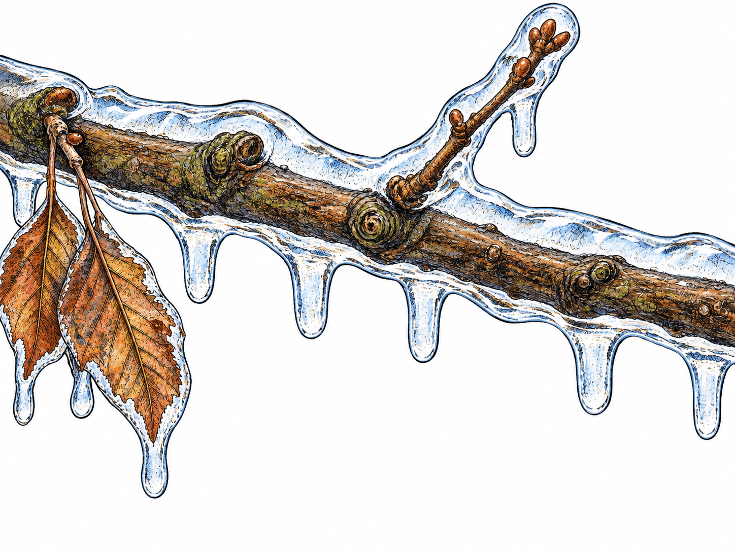A continuous transparent coating of ice encases a branch, twig and leaves, with icicles hanging below.