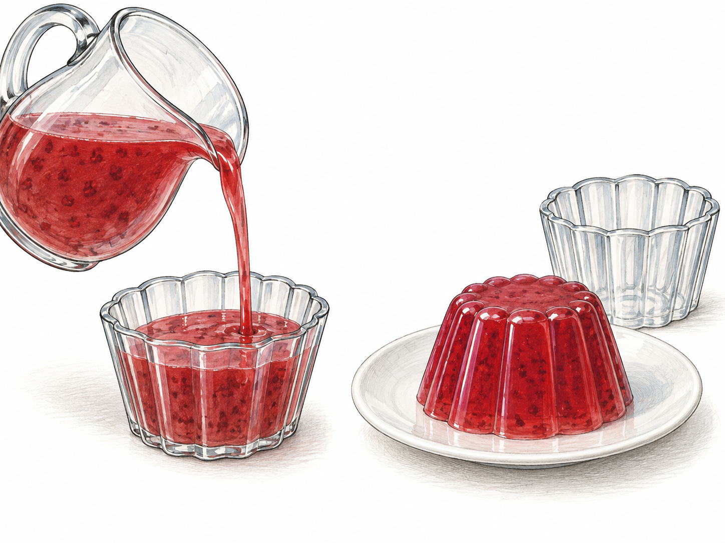 A flowing red fruit mixture is shown beside a firm unmolded jelly holding the same mold's shape.