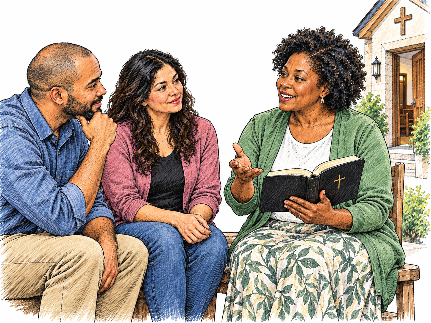 An adult openly addresses two attentive listeners while holding a plain bound Christian scripture volume marked only with a small cross; a nearby church cross supplies context.