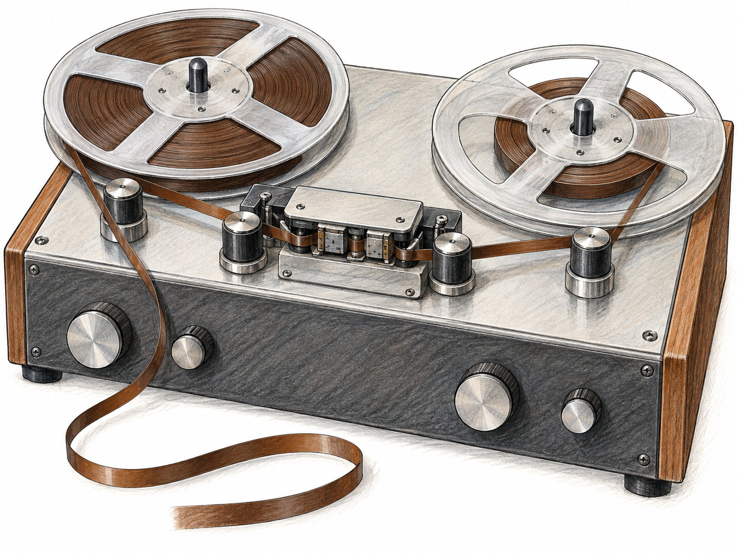Narrow brown recording tape runs across the heads of a reel-to-reel recorder.