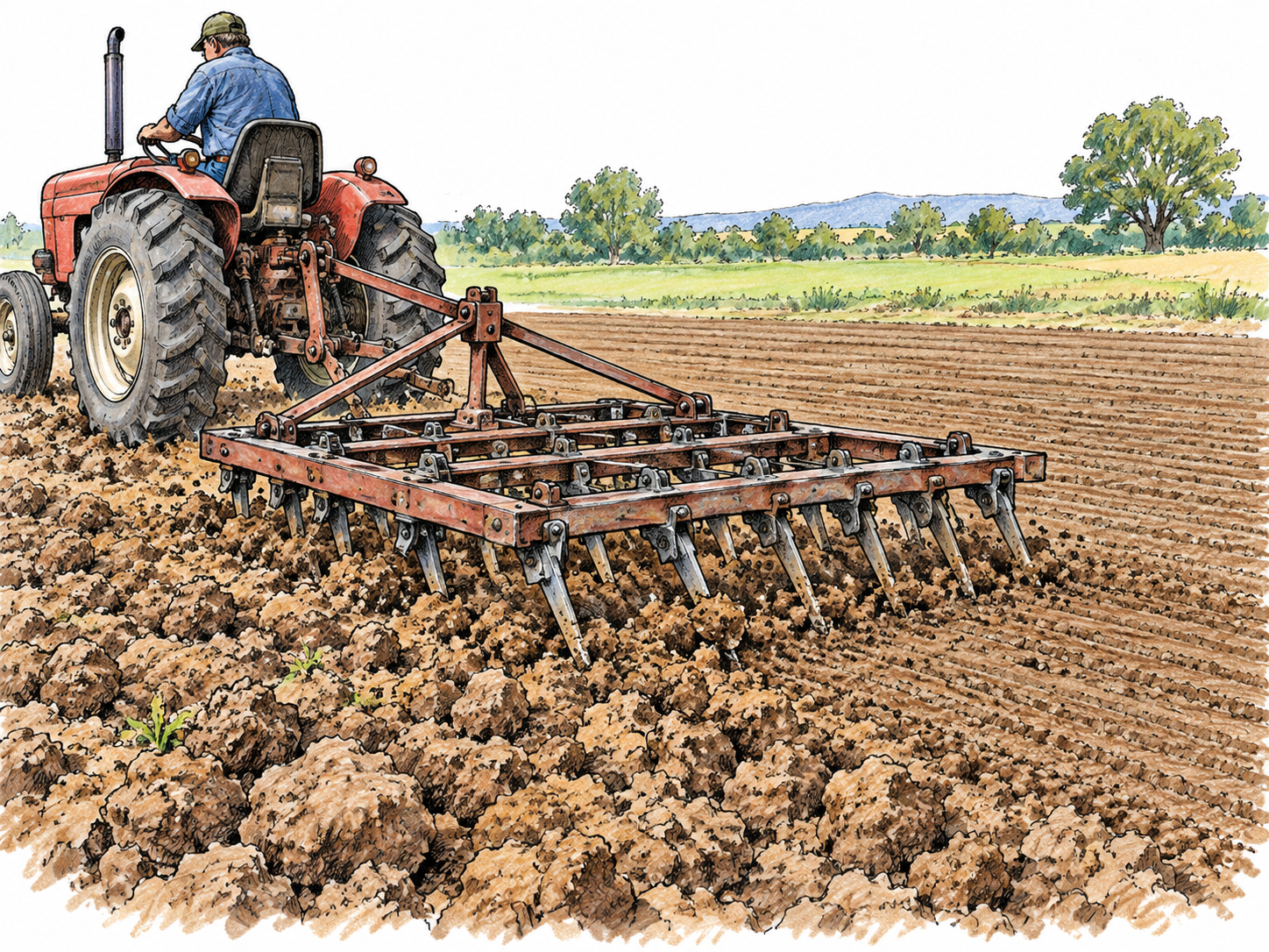 A tractor pulls a spike-tooth harrow through clods of soil.