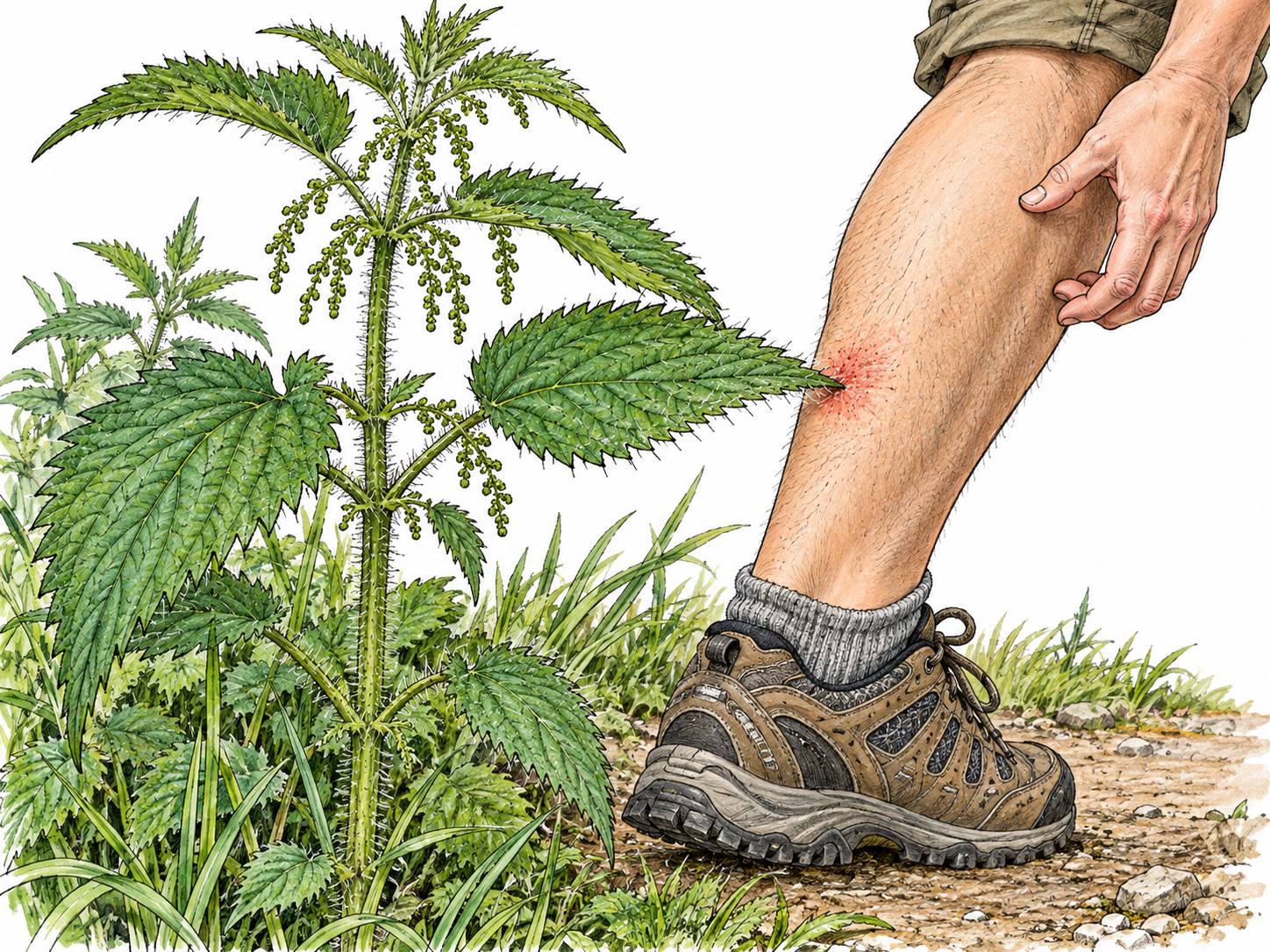 A hairy nettle leaf touches a hiker's lower leg beside a small red patch of irritated skin.