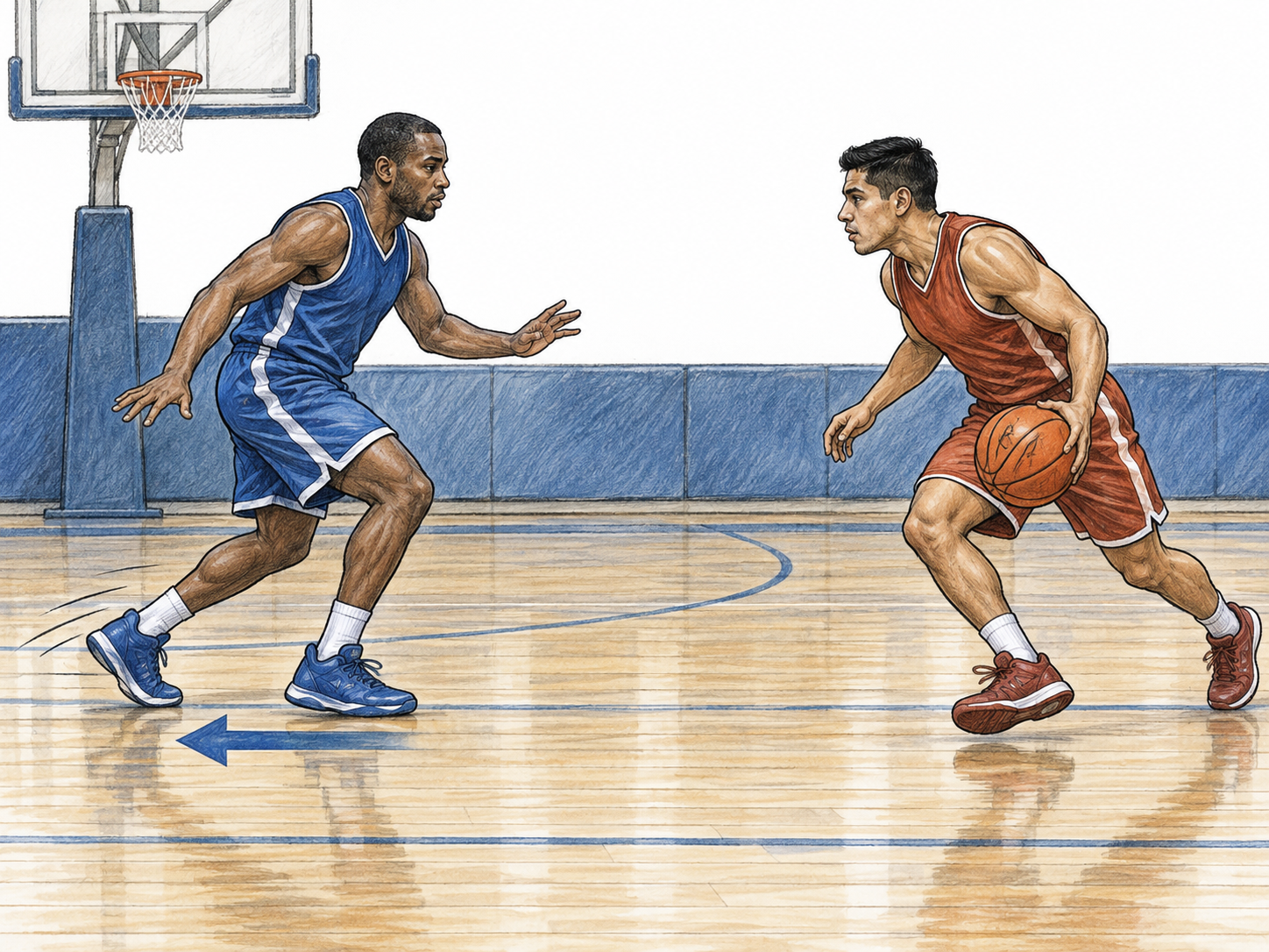 A basketball defender faces the approaching ball carrier while moving backward toward the hoop.