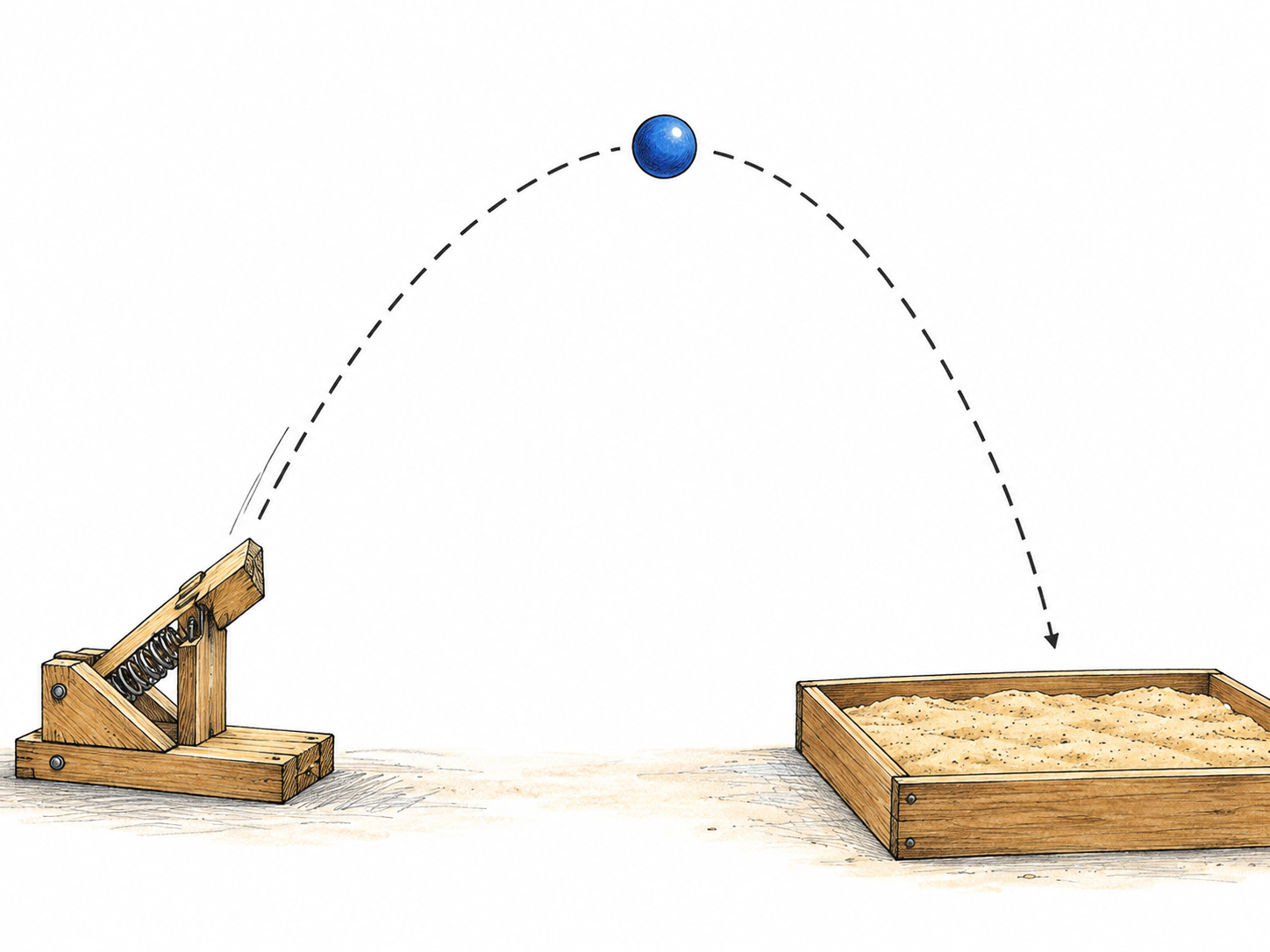 A launched ball follows a curved trajectory toward a sand tray.