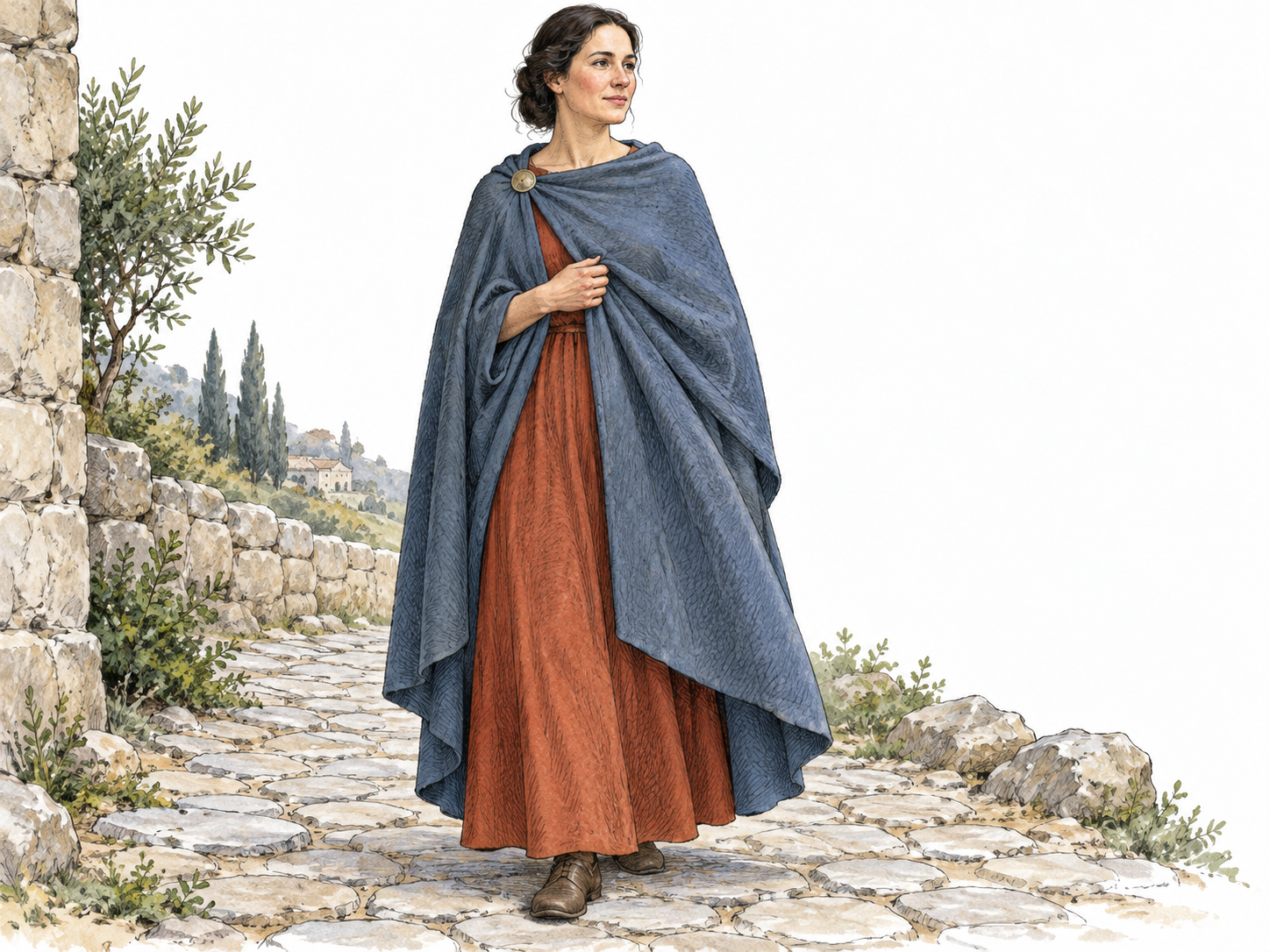 A woman wears a blue wool cloak draped over her shoulders and around her dress.