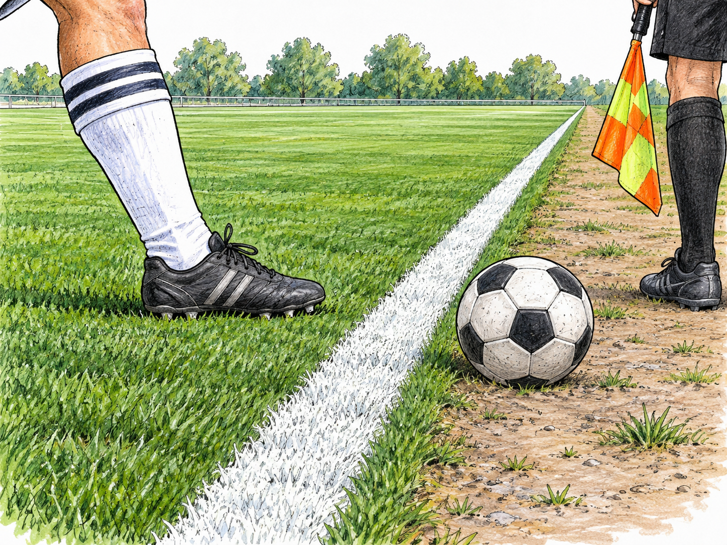 A soccer ball lies outside the white line along the side of a field.