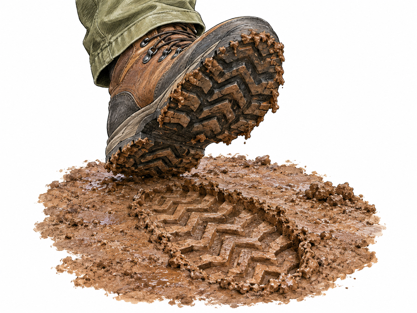 A muddy hiking boot lifts above the tread impression it has pressed into soft clay.