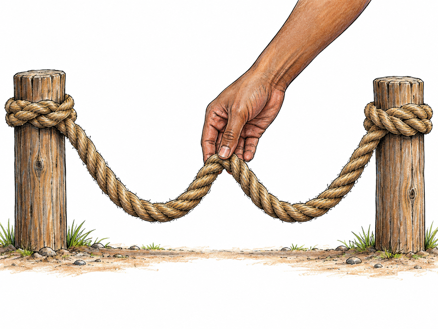 A slack rope hangs between two posts while a hand easily lifts its middle.