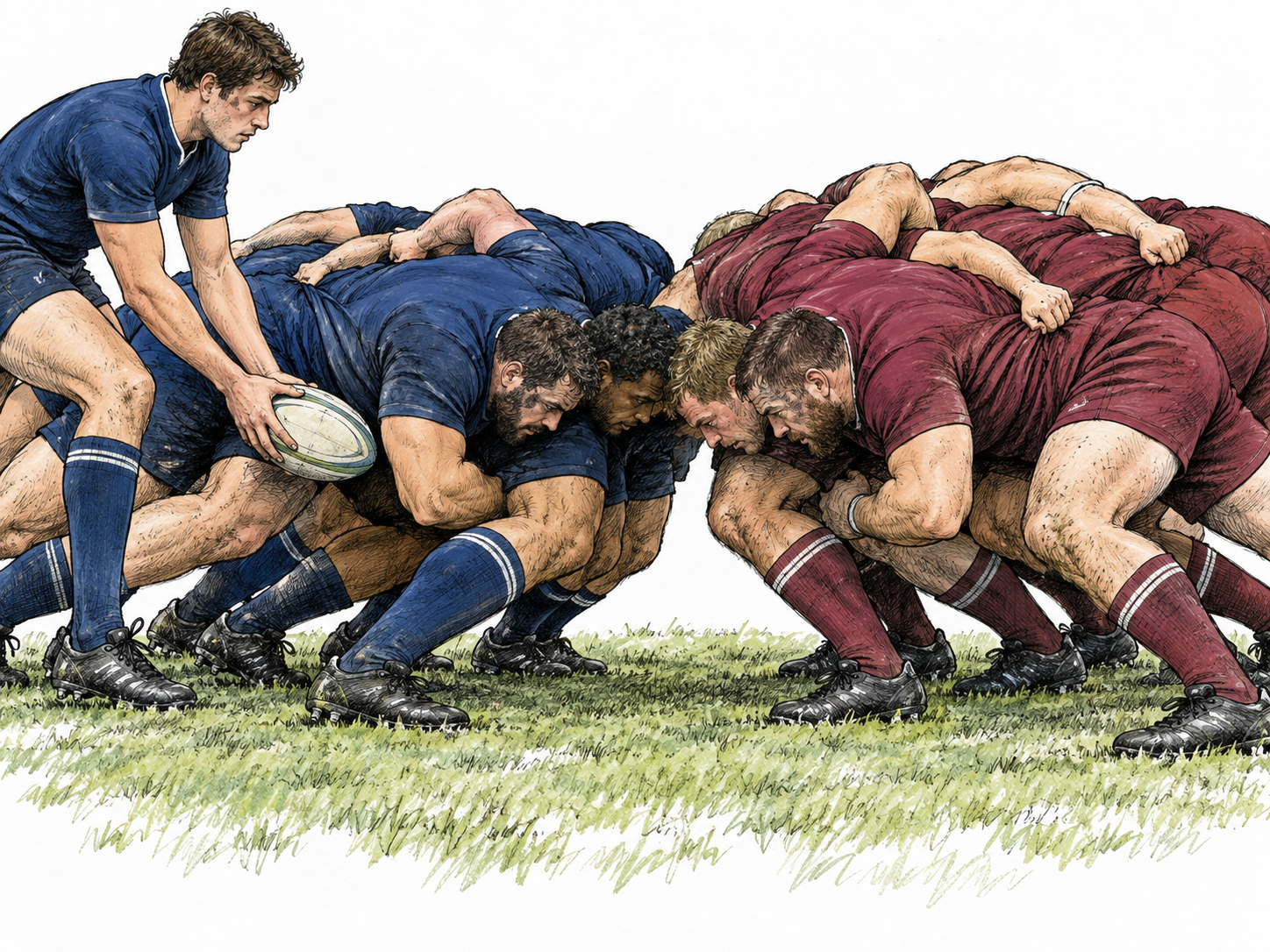 Two rugby packs crouch and bind together while a player feeds an oval ball beside them.