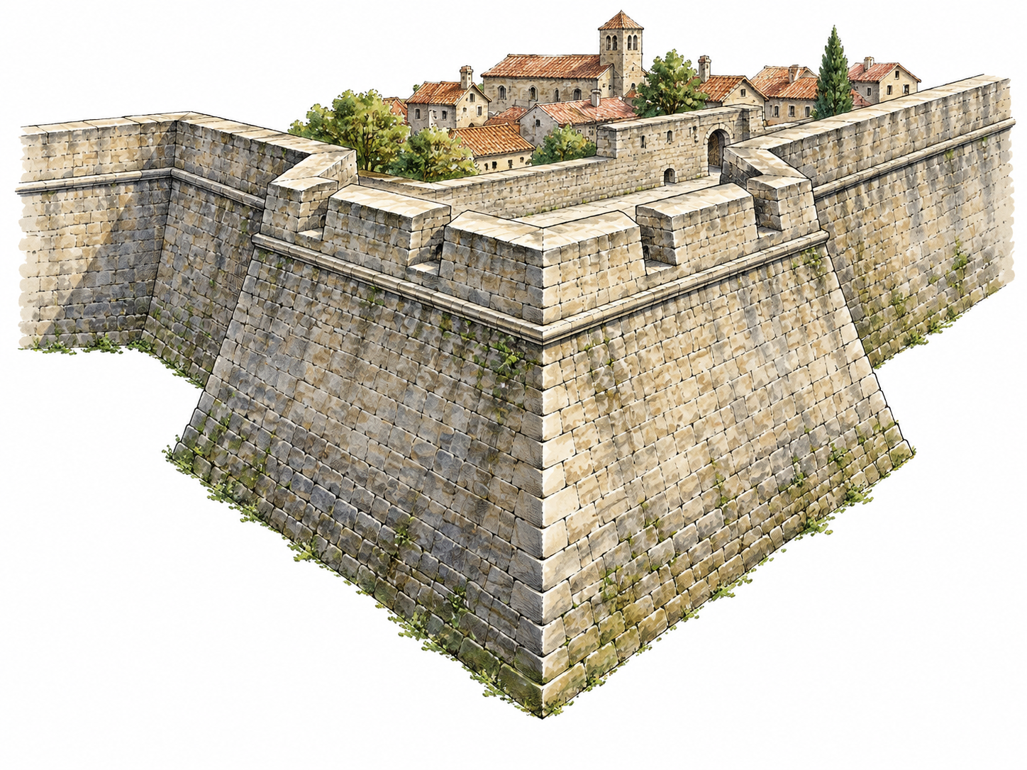 An angular stone bastion projects from thick defensive walls in front of a town.