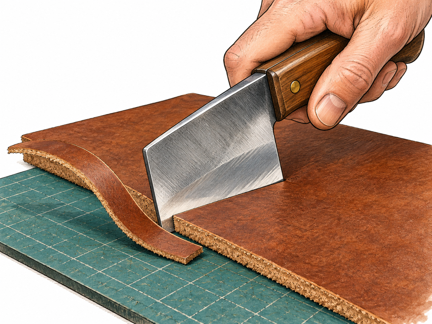A sharp blade cleanly separates a narrow strip from thick brown leather.