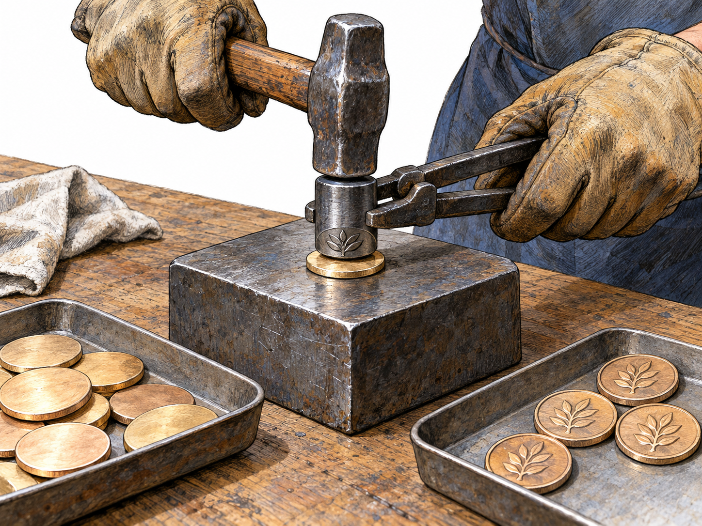 Gloved hands strike a coin die beside blank discs and newly embossed coins.