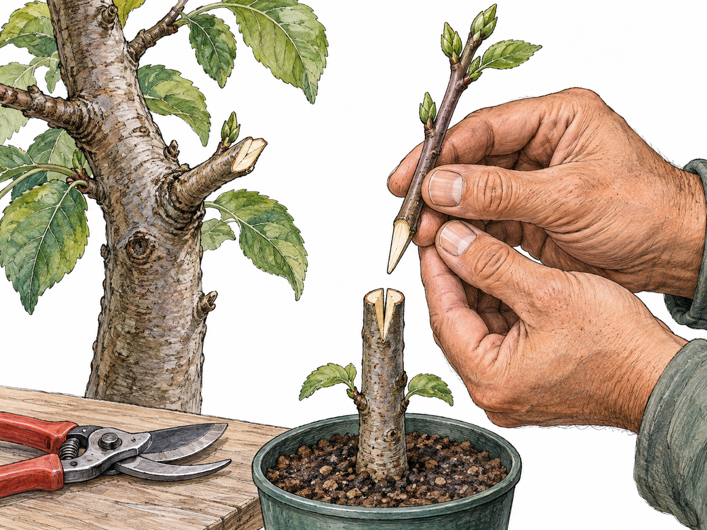 Hands hold a cut young shoot above prepared rootstock beside its parent plant.