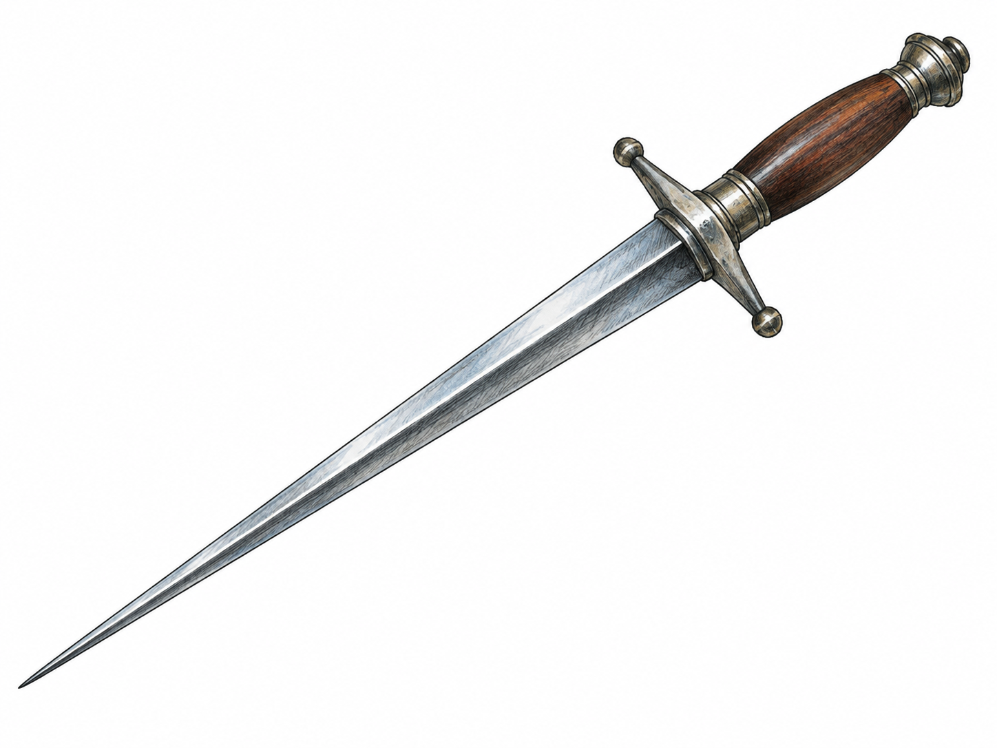 A slender steel dagger with a sharply pointed blade and small crossguard.