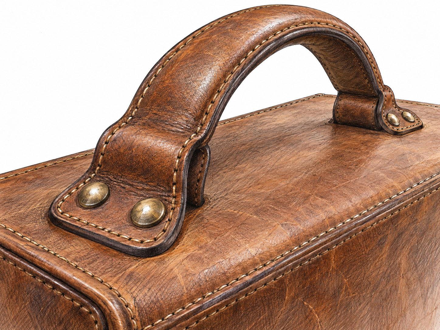 Metal rivets fasten both ends of a leather handle to a carrying case.