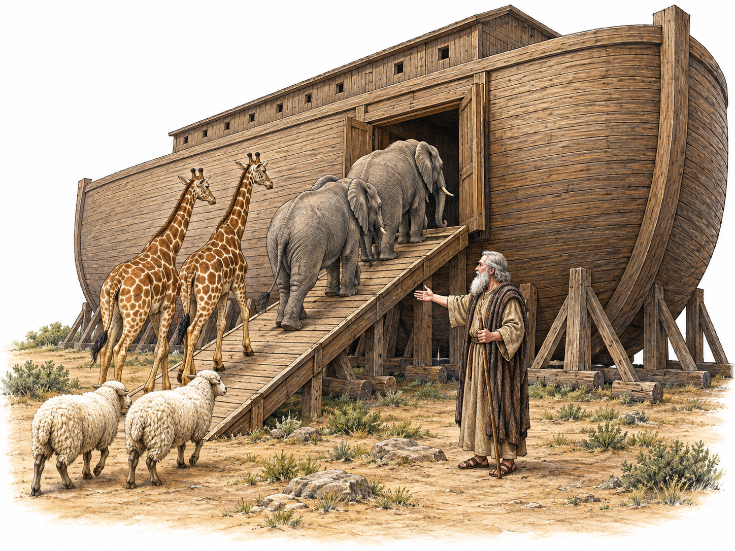 Noah guides pairs of animals into an ark resting on dry land before the biblical flood.