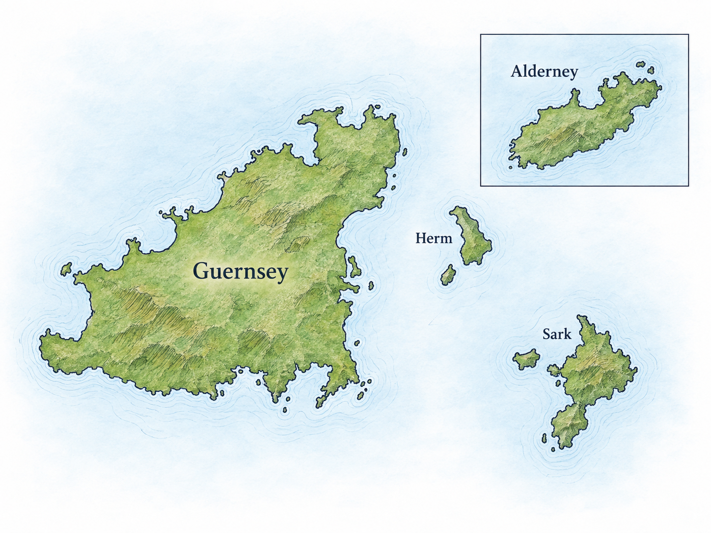 A map of Guernsey, Herm and Sark, with Alderney in a separate inset.
