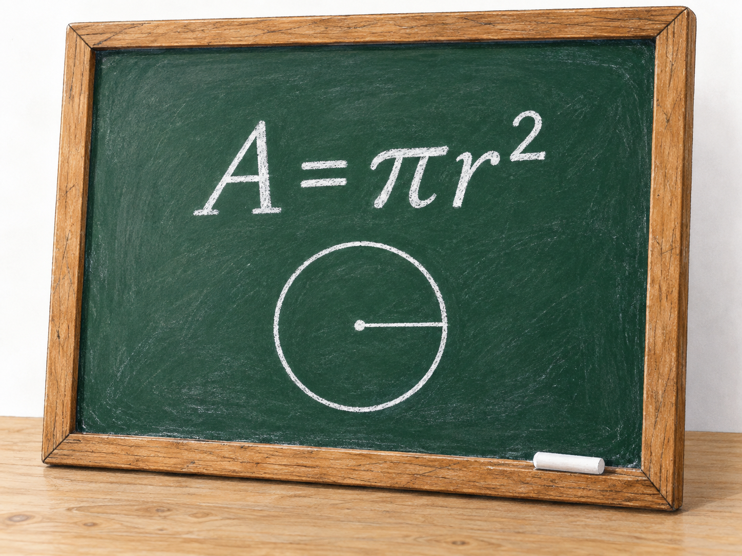 A small slate displays the area formula A = πr² above a circle and radius line.