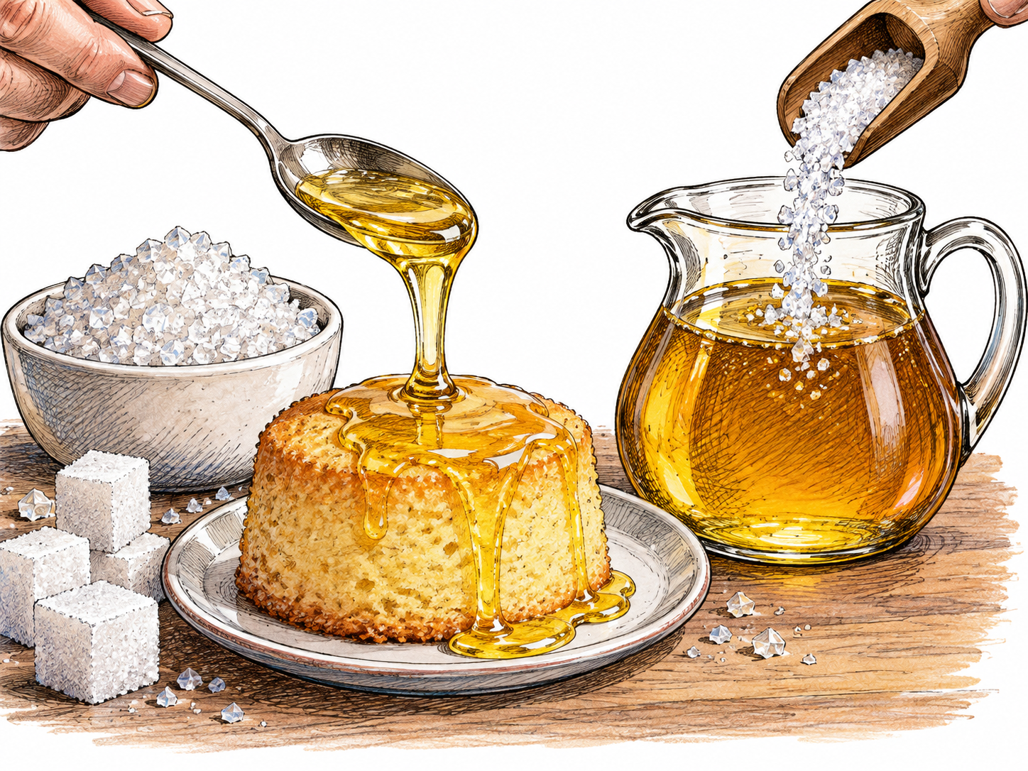 Sugar is added to syrup while a spoon pours syrup over a dessert.