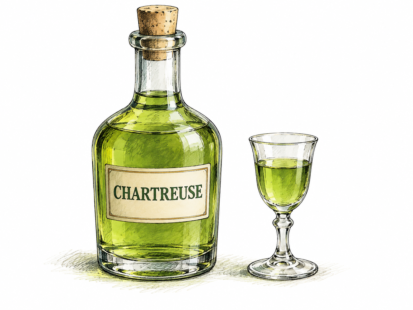 A bottle labeled Chartreuse stands beside a small glass of green liqueur.