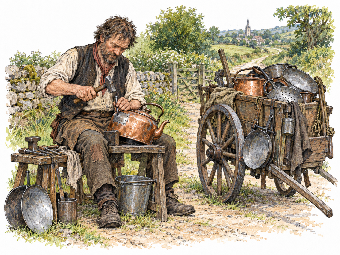 A roadside repairer patches a kettle next to a handcart loaded with pots and pans.