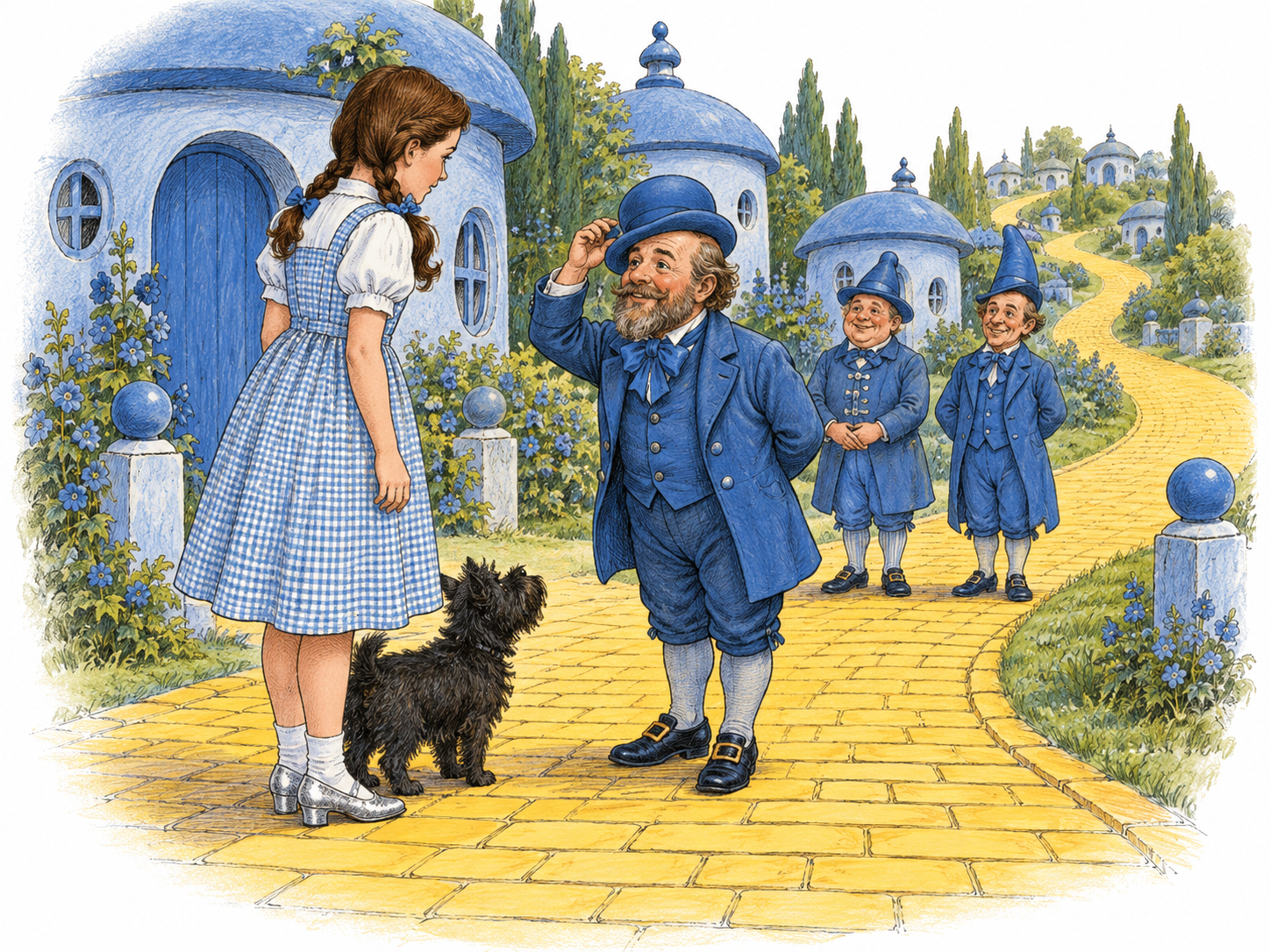 A small adult Munchkin tips his hat to Dorothy and Toto beside the yellow brick road.