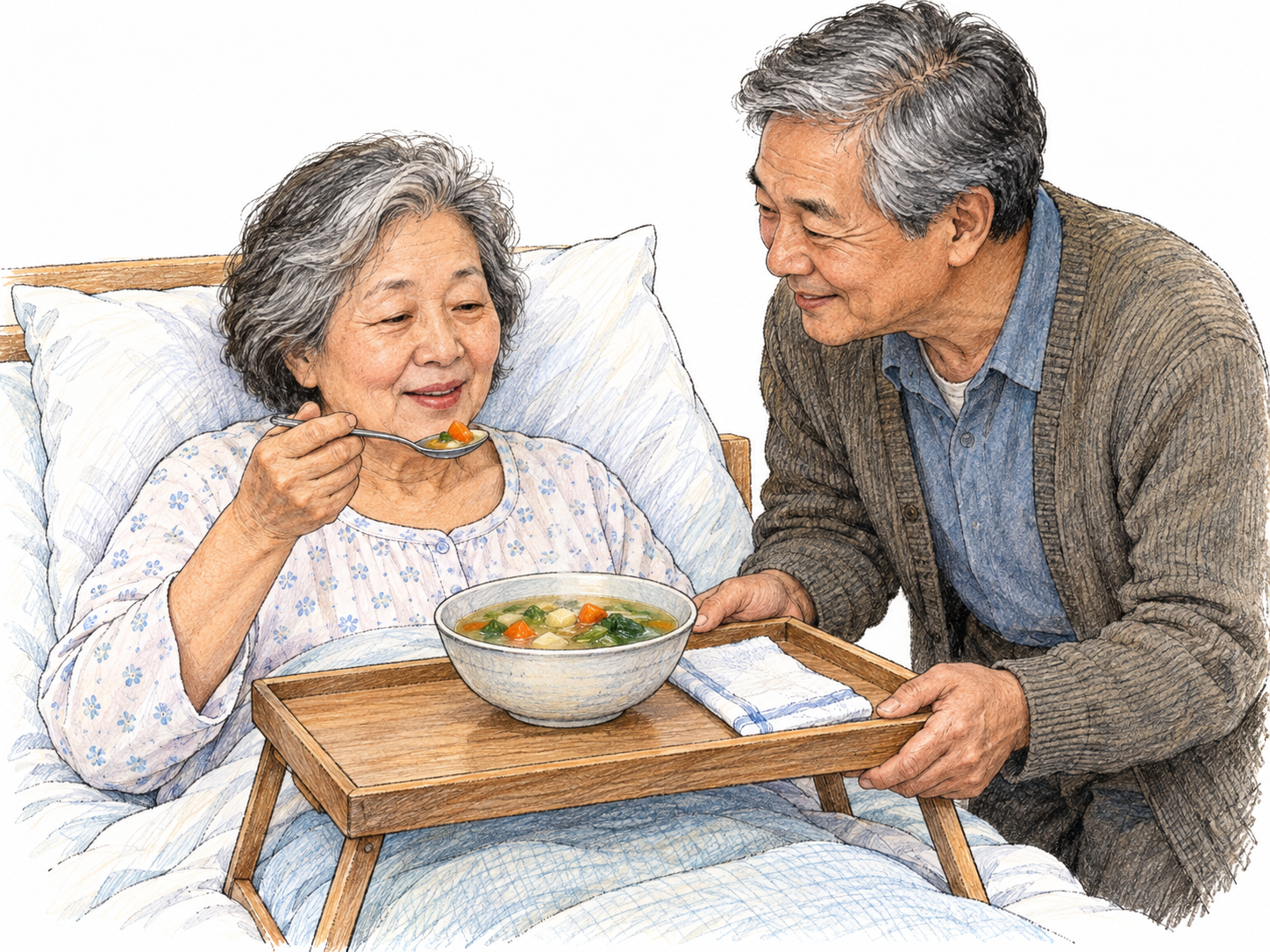 A recovering woman raises a spoonful of vegetable broth while a man supports the tray holding her bowl.