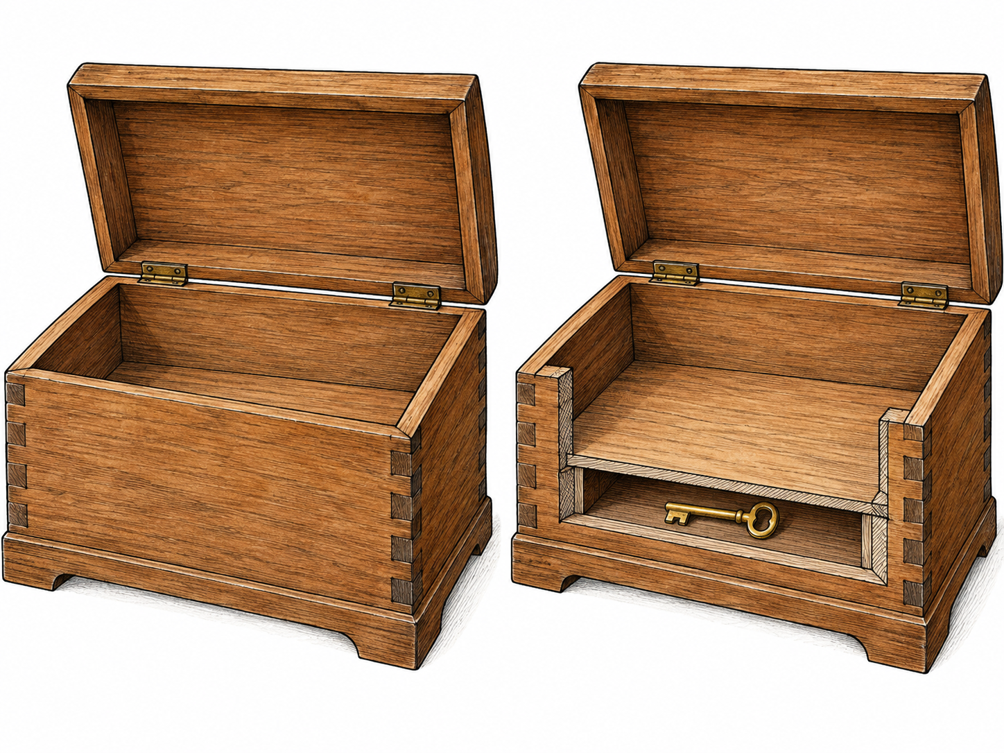 An apparently empty chest is shown beside a cutaway exposing a key hidden beneath its false bottom.
