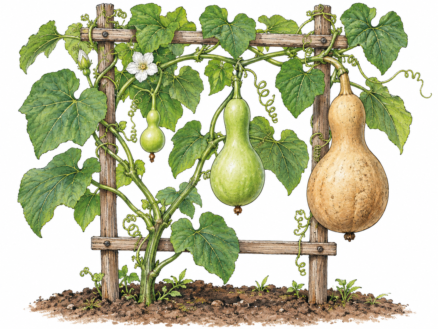 A living gourd vine climbs a trellis, bearing broad leaves and hanging bottle-shaped fruits.