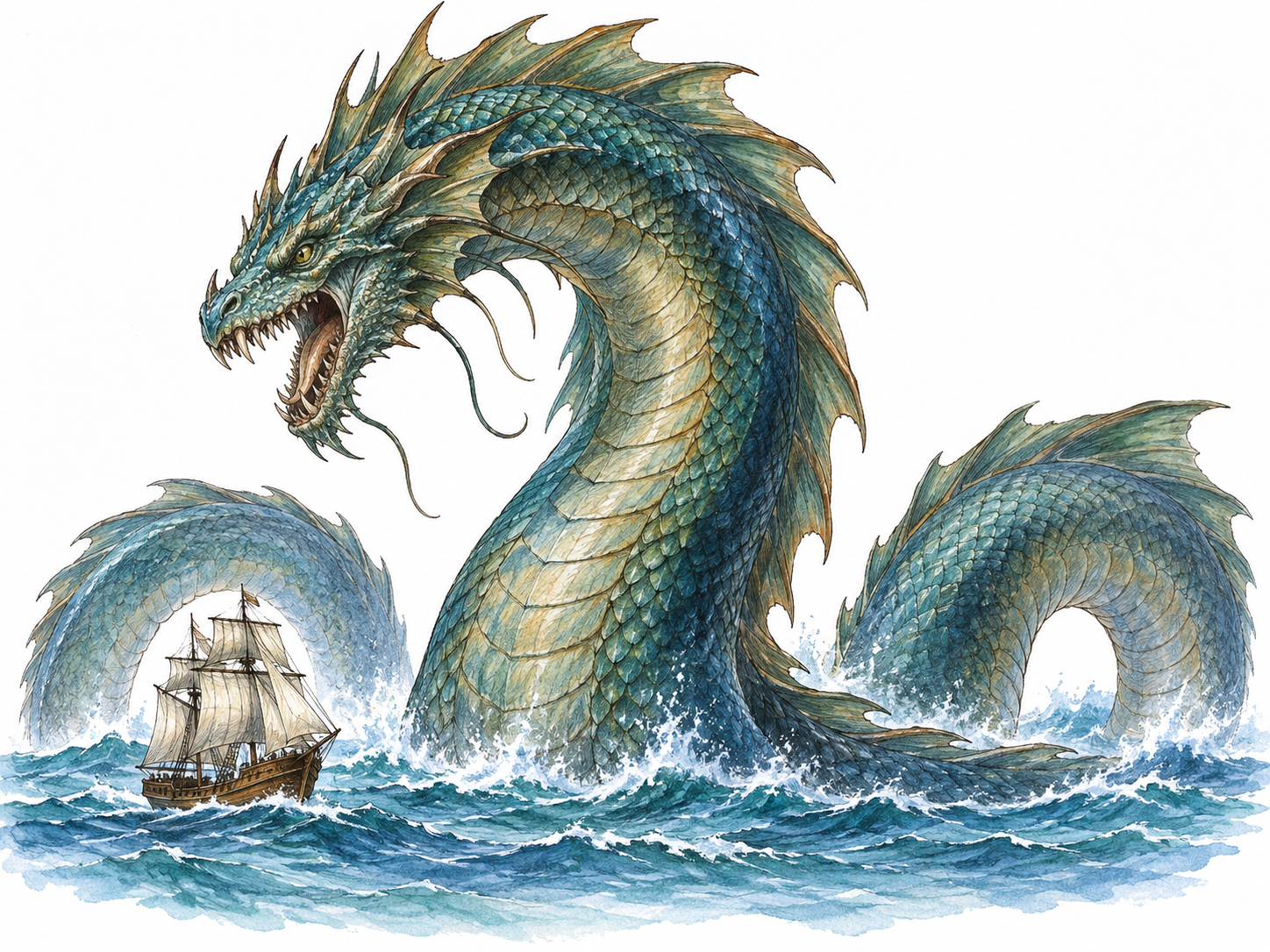 An enormous scaled sea monster rises in coils above a tiny sailing ship.