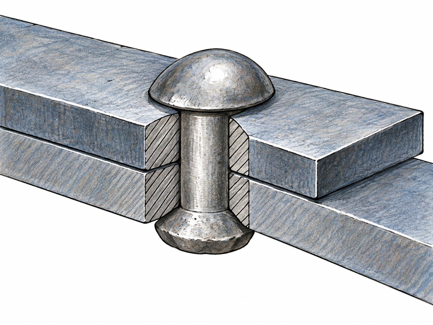 Cutaway exposes solid nonthreaded pin through two metal plates with rounded top and peened bottom head.