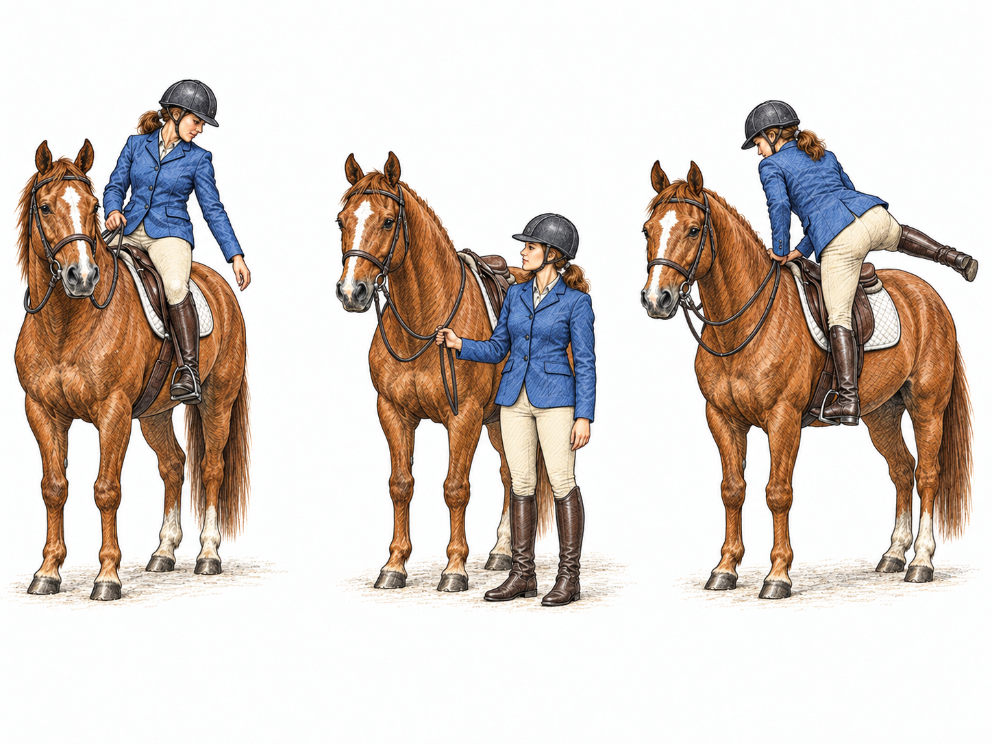 Three moments show a rider seated, dismounted, and climbing back onto a horse.
