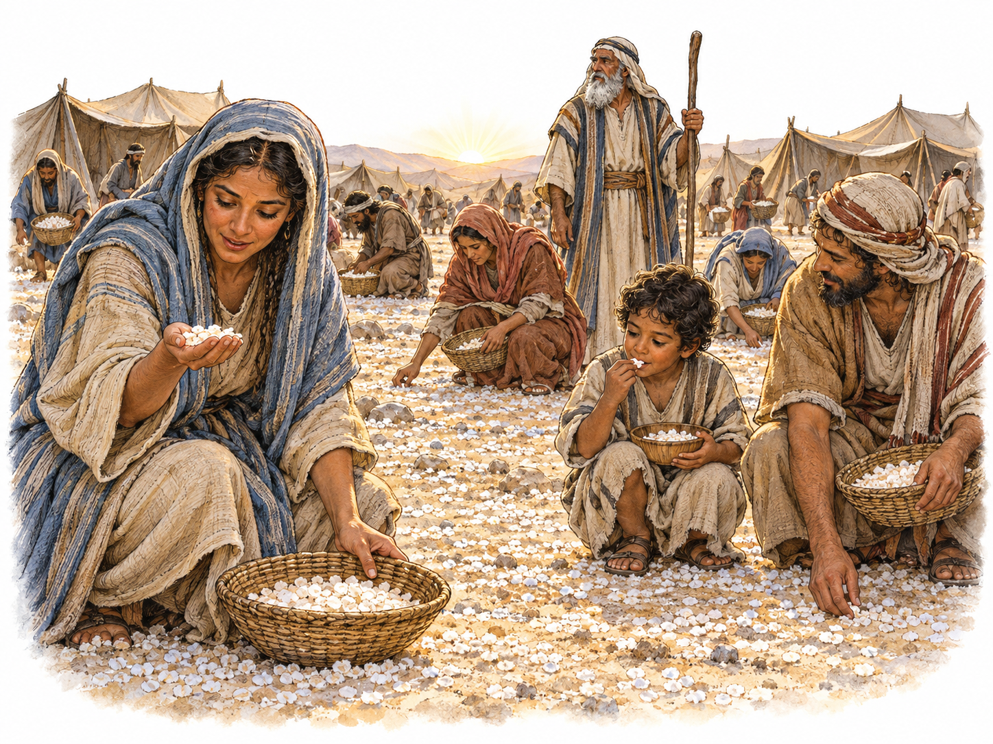 Israelite families gather white manna into baskets at a desert camp as a child eats some.