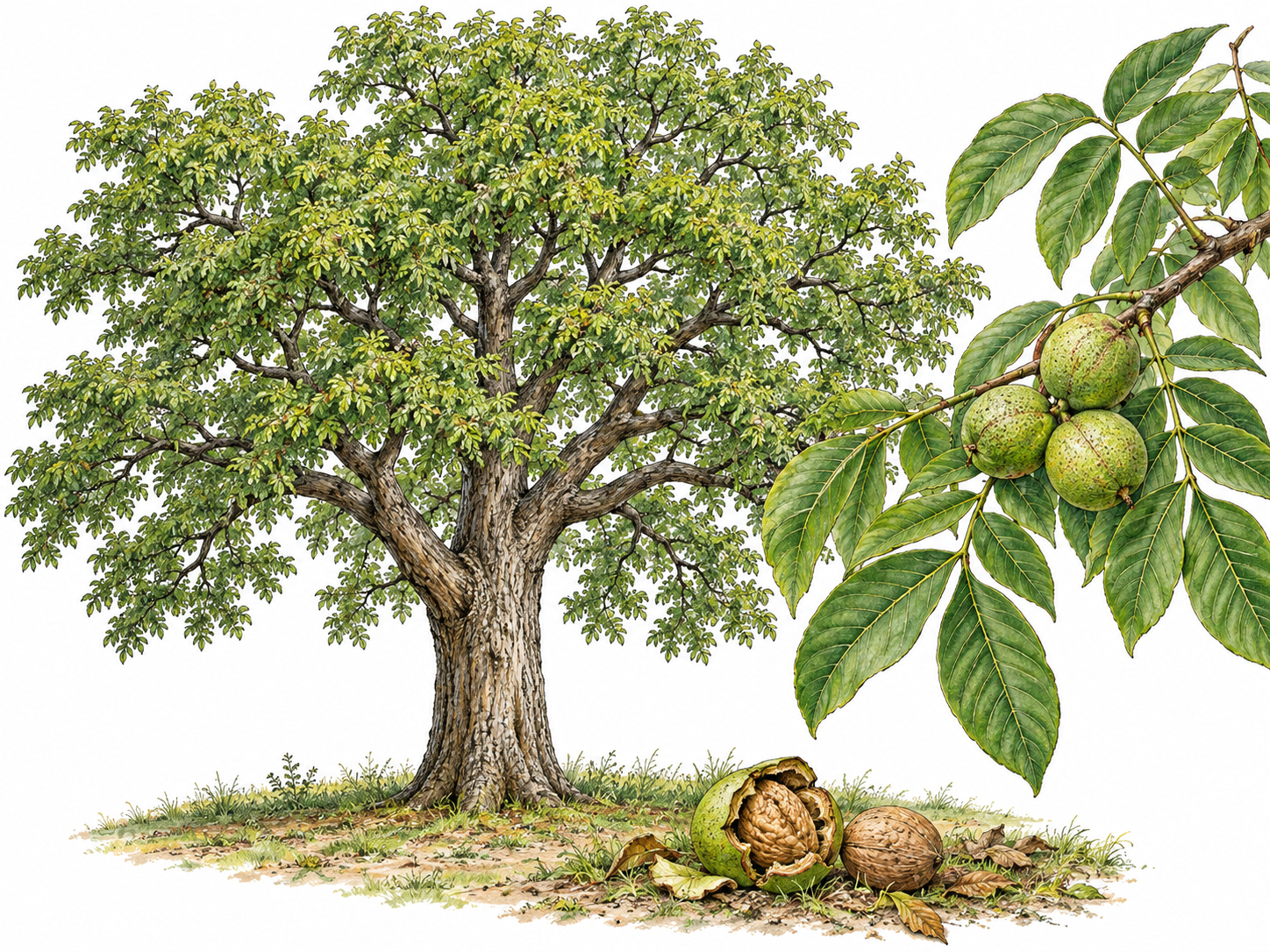 A mature walnut tree appears beside a close leafy branch bearing green-husked nuts.