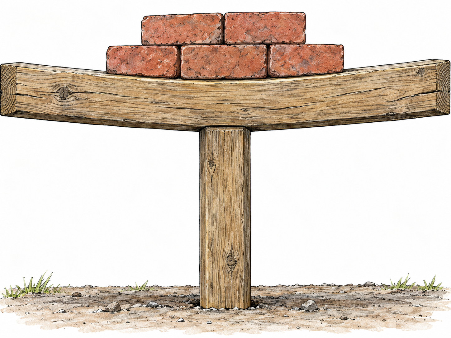 A vertical wooden prop holds a heavy beam beneath a stack of bricks.
