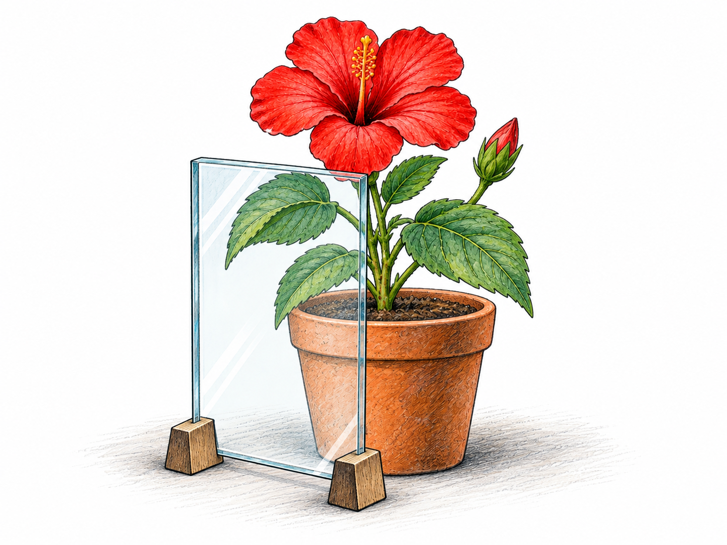 A real potted flower remains clearly visible through a smaller freestanding glass pane.