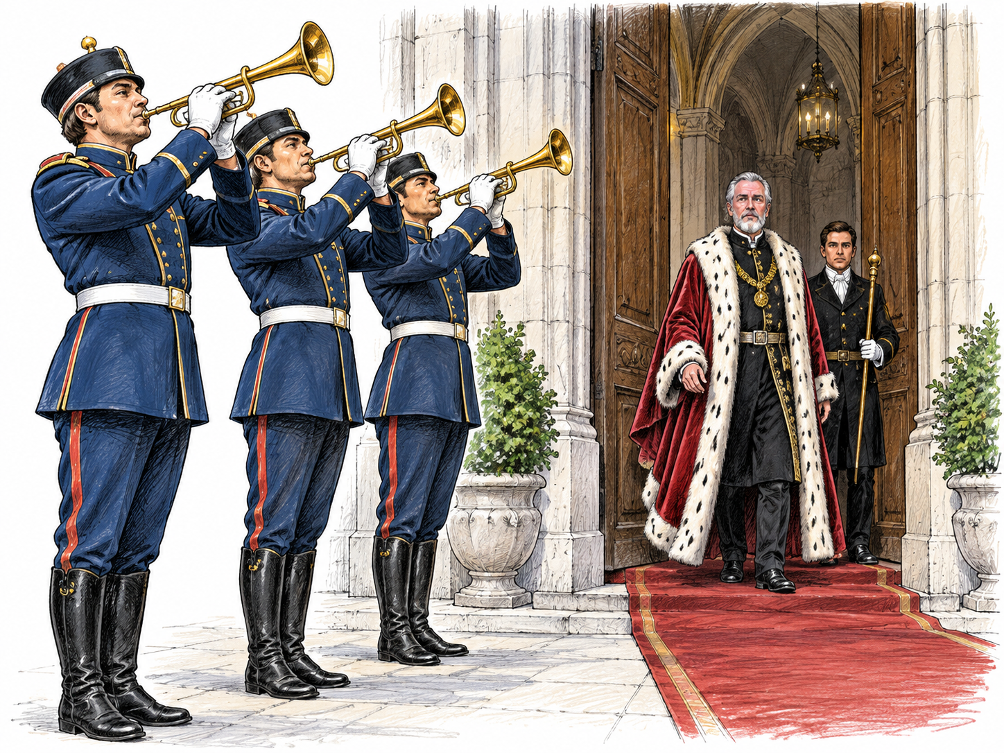 Three ceremonial trumpeters raise trumpets and visibly play as a palace doorway opens for an arriving dignitary; cheeks and posture show active blowing.