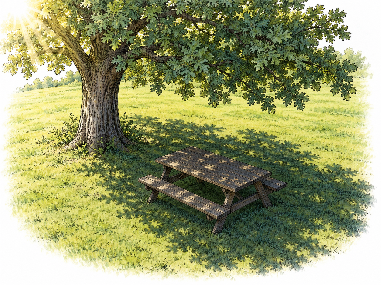 A broad oak casts its shadow across a picnic table and the surrounding grass.