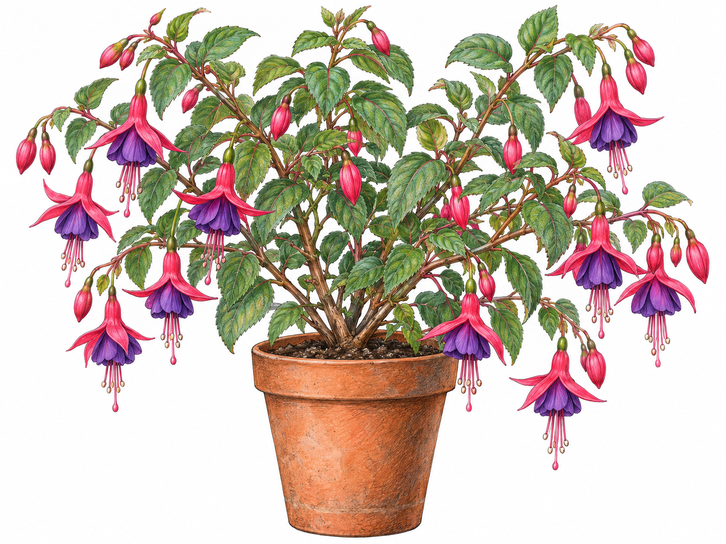 A potted fuchsia shrub bears vivid pink-and-purple hanging flowers.