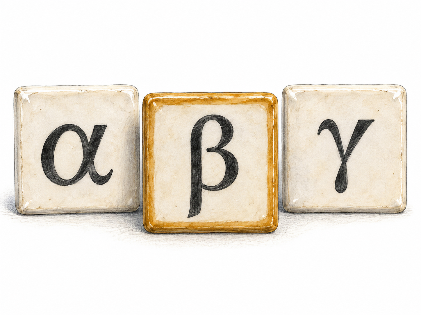Three alphabet tiles show alpha, beta, and gamma, with the beta tile highlighted in the middle.