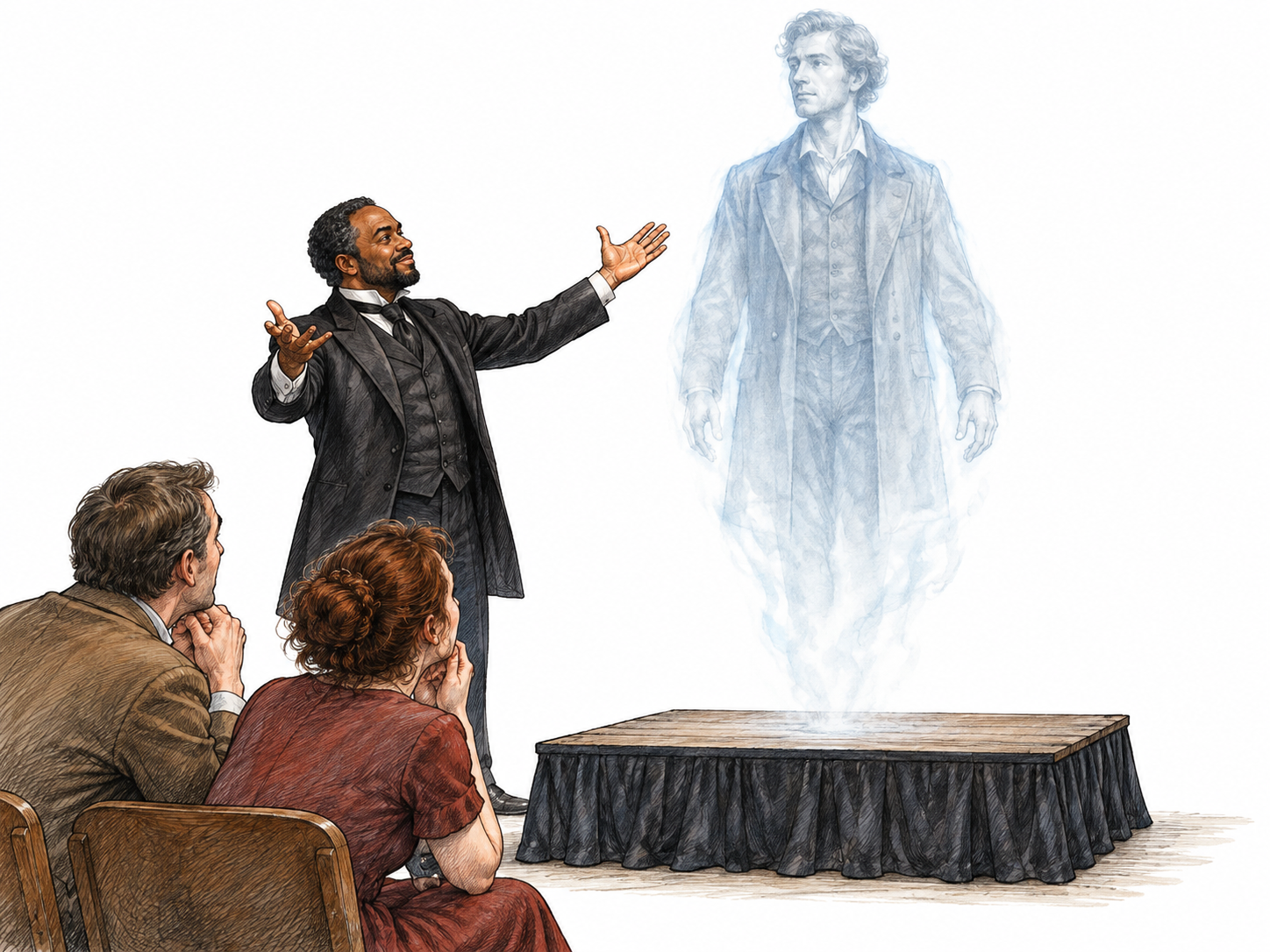 A stage magician raises open hands as an apparently translucent human-shaped presence materializes above a small empty platform, with onlookers focused on the apparition.