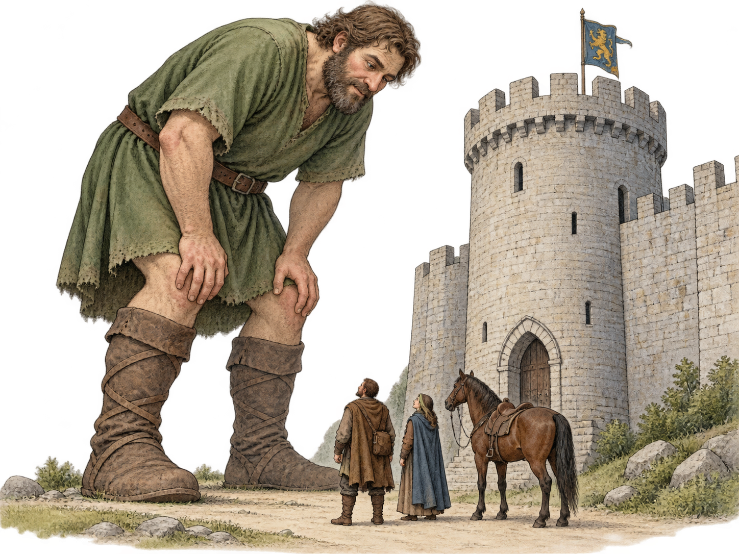 An enormous humanlike giant bends beside a castle, towering over two adults and a horse.