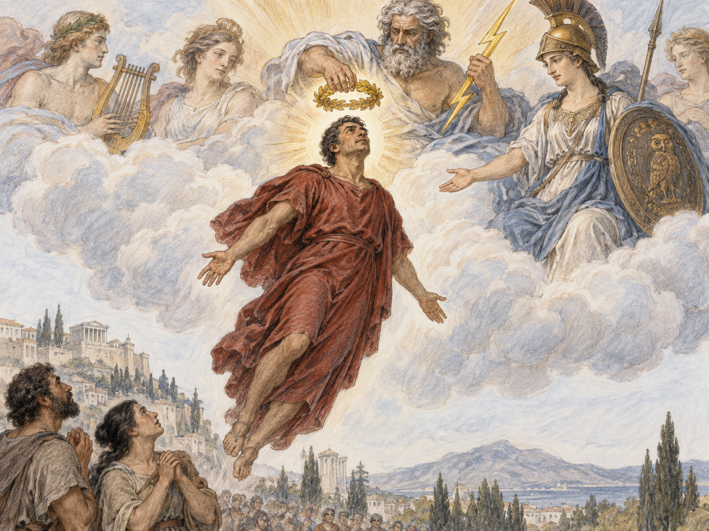 An imagined mural shows a mortal ruler ascending toward classical gods and receiving a radiant crown.