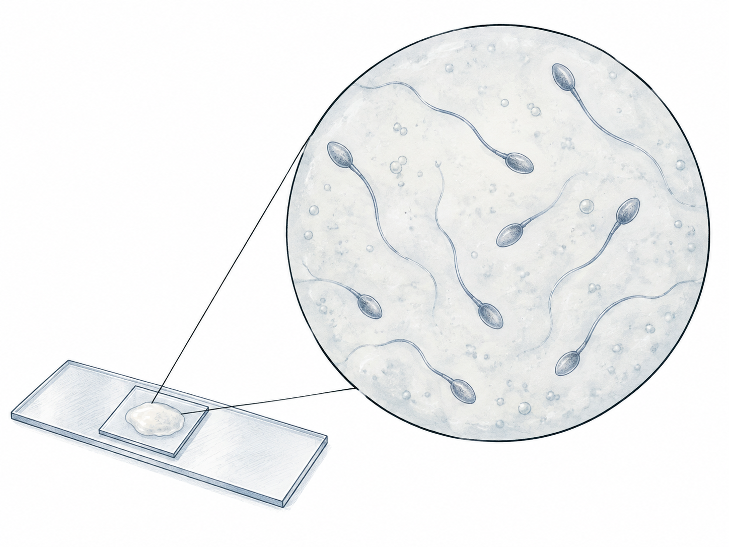 A magnified view of seminal fluid shows sperm cells.