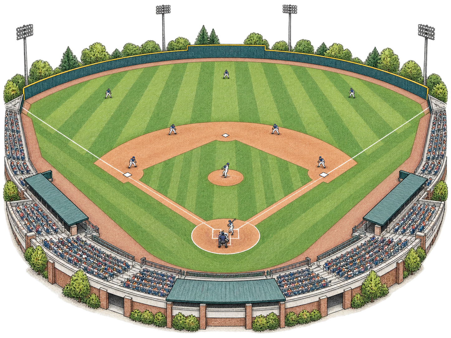 A baseball diamond, green outfield, players, and curved spectator stands form a ballpark.