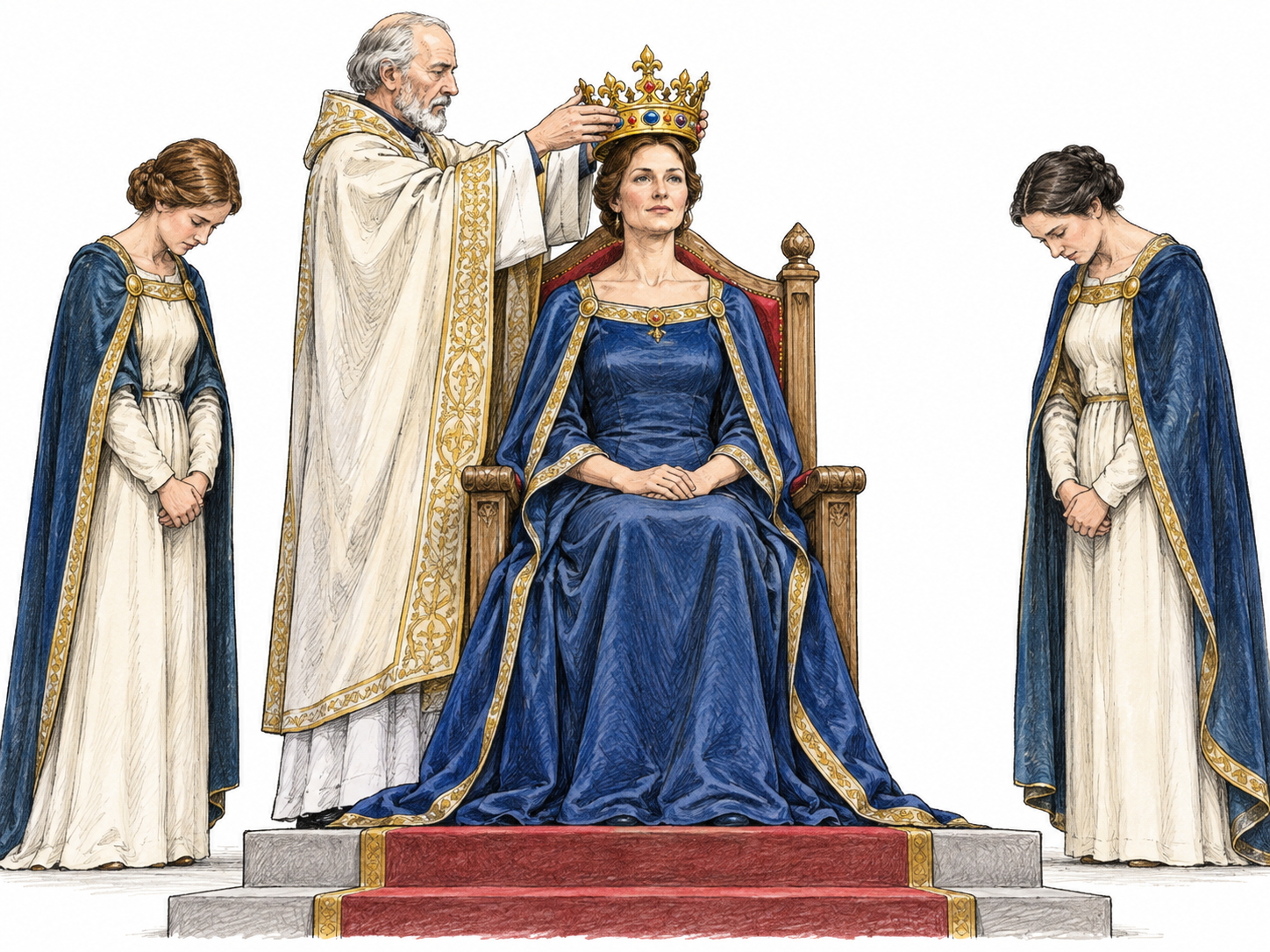 A solemn honor ceremony shows an adult recipient stepping onto the highest dais while another official places a prominent ceremonial chain of office over their shoulders and the assembly salutes.